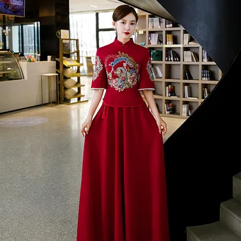 Tradicinės Kinų Apranga Xiuhe Cheongsams Vyno Raudona Top Set Tango Kostiumas Formalaus Vakare Gown Dalyvavimas Vestuvių Suknelė Moterims