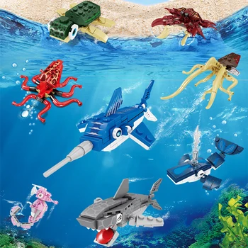 Vandenyno Jūrų gyvūnų gyvenimo Modelį, statyba blokai aštuonkojai krabų sepijos seahorse vėžlys plytų žuvų bule banginis ryklys, Animacinių filmų rinkiniai