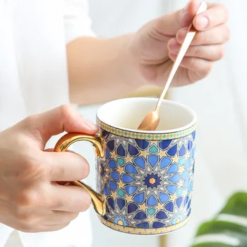 Maroko stiliaus aukso keraminės kavos puodelis office vandens puodelį namų pusryčiai pieno taurės pora kūrybos dovana