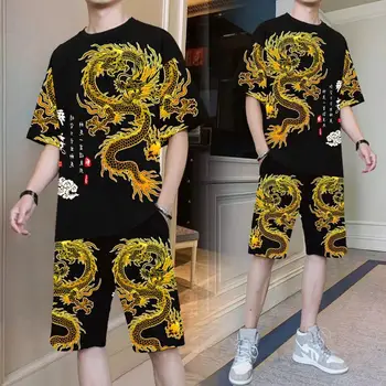 2022 Vėliau kaip Trumpas Rankovės Tiktų Vyrų 3D Dragon Spausdinti Marškinėliai + Šortai 2 Gabalas Kinų Stiliaus Tendencijos Golden Dragon Kostiumas