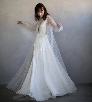 1442#Dviejų dalių ilgomis Rankovėmis Pearl Tiulio Valymo Traukinio Nuotakos Suknelė Vestuvių Suknelė Nuotakos Suknelė vestidos de novia