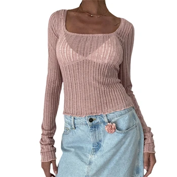 y2k Pasakų Grunge Marškinėliai 2000-ųjų Moterų vientisos Spalvos Kvadratinių Kaklo, ilgomis Rankovėmis su Briaunomis Pasėlių Viršuje Slim Fit Laisvalaikio Drabužių Streetwear