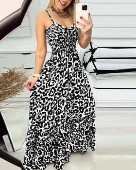 2023 Vasarą Moterys Elegantiškas Backless Maxi Ilga Suknelė Seksualus Spagečiai Dirželiai Leopard Šalies Naktinis Klubas Paplūdimys Rankovių Boho Vestidos