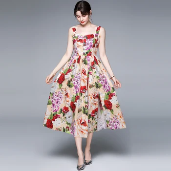 2021 Vasaros Mados Kilimo Ir Tūpimo Tako Atostogų Suknelės Moterims Seksualus Spageti Dirželis Gėlių Spausdinti Duobute Mygtukai Ilgas Šalis Suknelė Vestdio