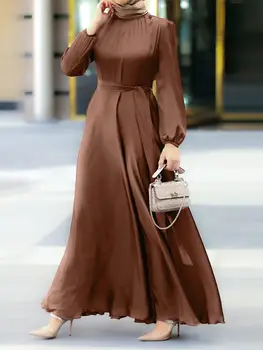 Moterų Musulmonų Šalis Kieto Satino Maxi Suknelė iki 2023 m. Pavasarį Elegantiškos Elegantiškas Sluoksniuotos Rankovėmis Chalatas, Atsitiktinis Atostogų Sūpynės Kaftan OLIS Dubajus Abaja