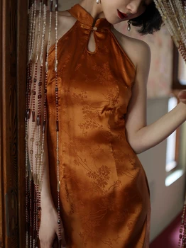 AIGYPTOS Cheongsam Suknelė Moterims Kinų Stiliaus Stovėti Apykaklės Derliaus Satino Žakardo Suknelė, Elegantiškas, Seksualus, Tuščiaviduriai Iš Šono Ritininės Suknelė