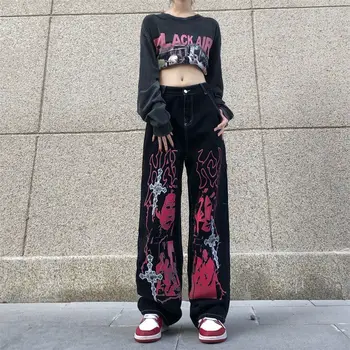 High street džinsai Y2K vyrų ir moterų stiliaus parduotuvė ins hip-hop tamsiai simbolių spausdinimo prarasti tiesiai plovimo džinsai atsitiktinis kelnės