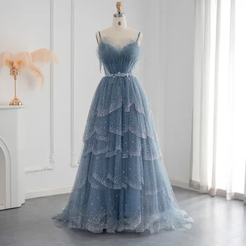 Jancember Blizgančių Kristalų Elegantiška Mėlynos Dubajus Vakaro Suknelė Moterims Vestuves Spagečiai Dirželiai Ilgai Oficialų Suknelė