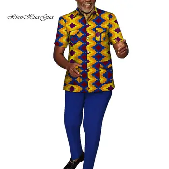 Afrikos Drabužiai, vyriški Nustatyti Vasaros trumpomis Rankovėmis Print T-Marškinėliai, Ilgos Kelnės, Kostiumai Afrikos Drabužius Vestuvių Vyrų Atveju Komplektus WYN1585