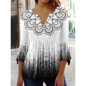 Vasaros Moterų Mygtuką Iki T-Shirt Laisvi, Patogūs Drabužiai Gatvės Mados Tendencija Marškinėliai 3D Atspausdintas Septynių Ketvirčių Rankovės Viršų