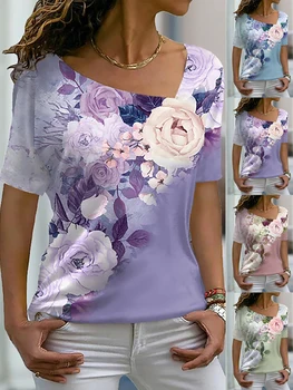 Moterų Gėlių Tapyba Marškinėliai Rožių Gėlių Spausdinti V Kaklo Pagrindinio Viršūnes Trumpas Rankovės marškinėliai XS-8XL/3D Spausdinimas