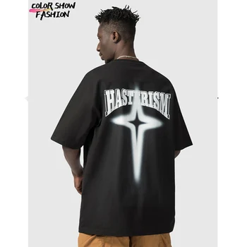 Iki 2023 m. Pavasario ir Vasaros Naujų Starburst Modelis Atspausdintas T-shirt Negabaritinių Hip-Hop Street Prarasti Apvalios Kaklo Moterų ir Vyrų T-shirt