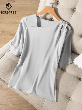 Birdtree 100%Nekilnojamojo Šilko marškinėliai Moterims Doublue Georgette Satino Kietas Elegantiškas Megztinis 2023 Vasarą, Rudenį Pagrindai Viršuje T38649QM