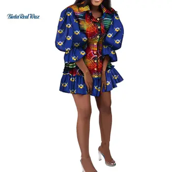 Afrikoje Suknelė Moterims Vakare Šalis Spausdinimo Kratinys Turndown Apykaklės Marškinėliai Suknelė Trumpas Stilių Dashiki Ankara Viršuje WY10189